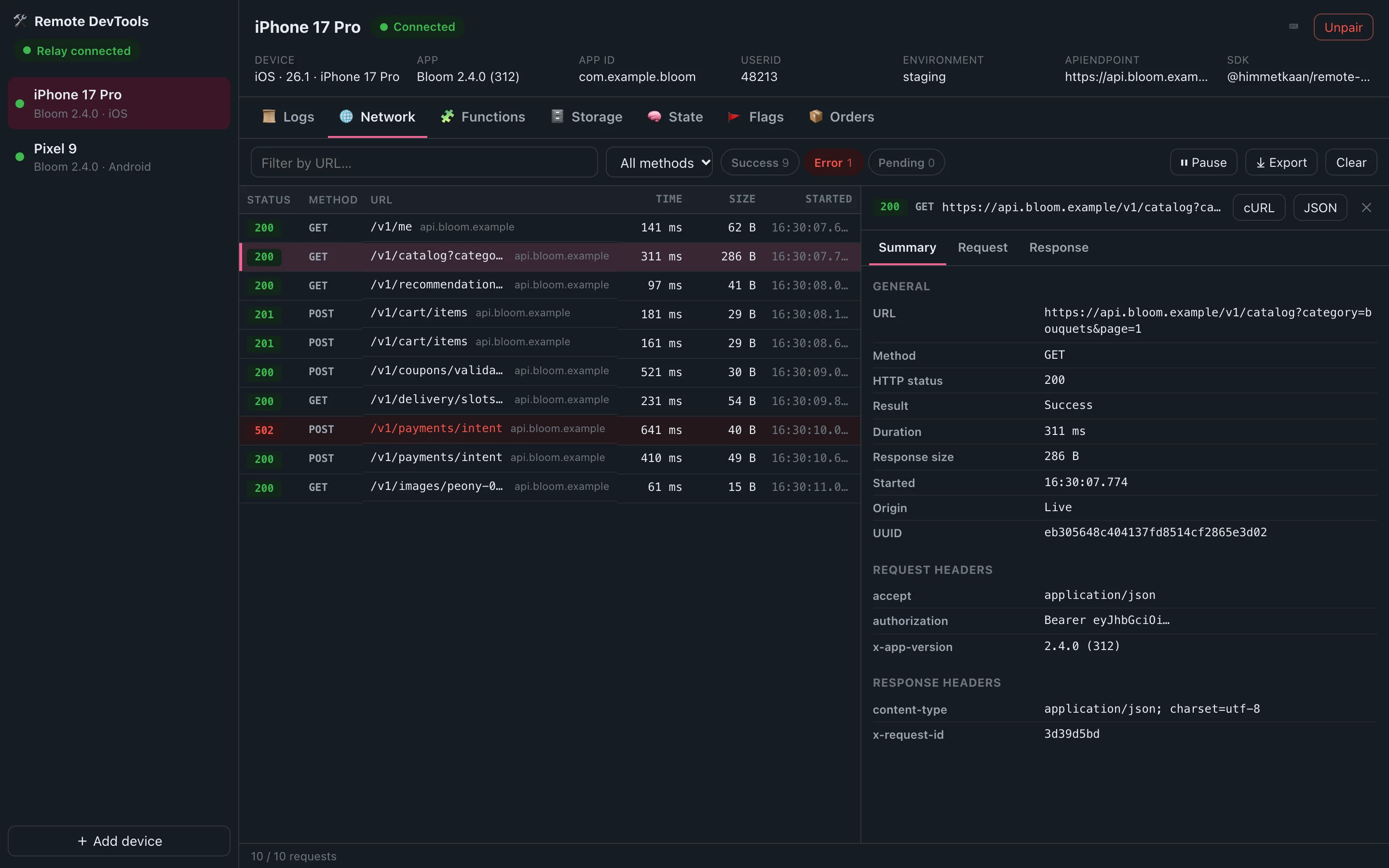 The Network tab showing an app's API requests and the details of one request